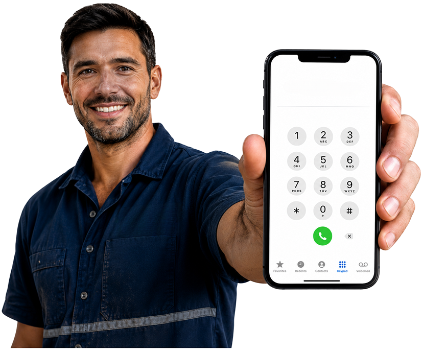 Sydenham Blocked Drains plumber holding a phone — call 1300 261 965
