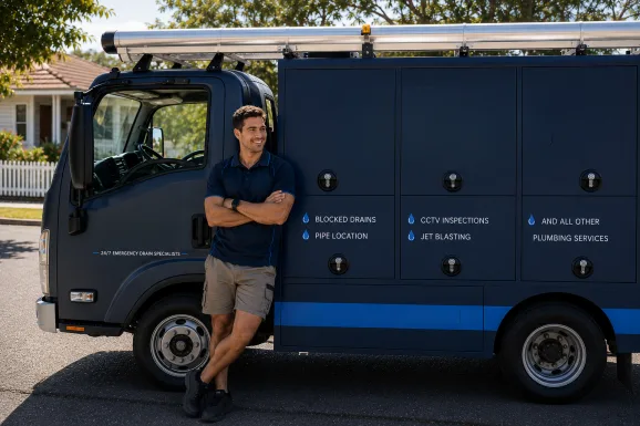 Plumber standing beside a service van in Sydenham