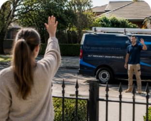 Customer waving goodbye to a Sydenham Blocked Drains plumber